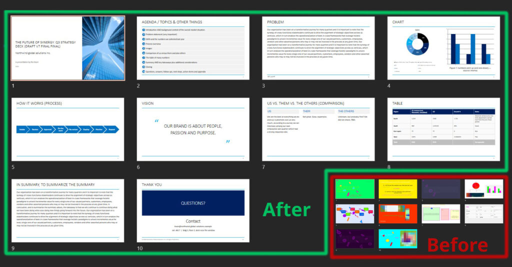 Before and after slide comparison showing fixing ugly AI slides in PowerPoint into clean corporate presentation design.