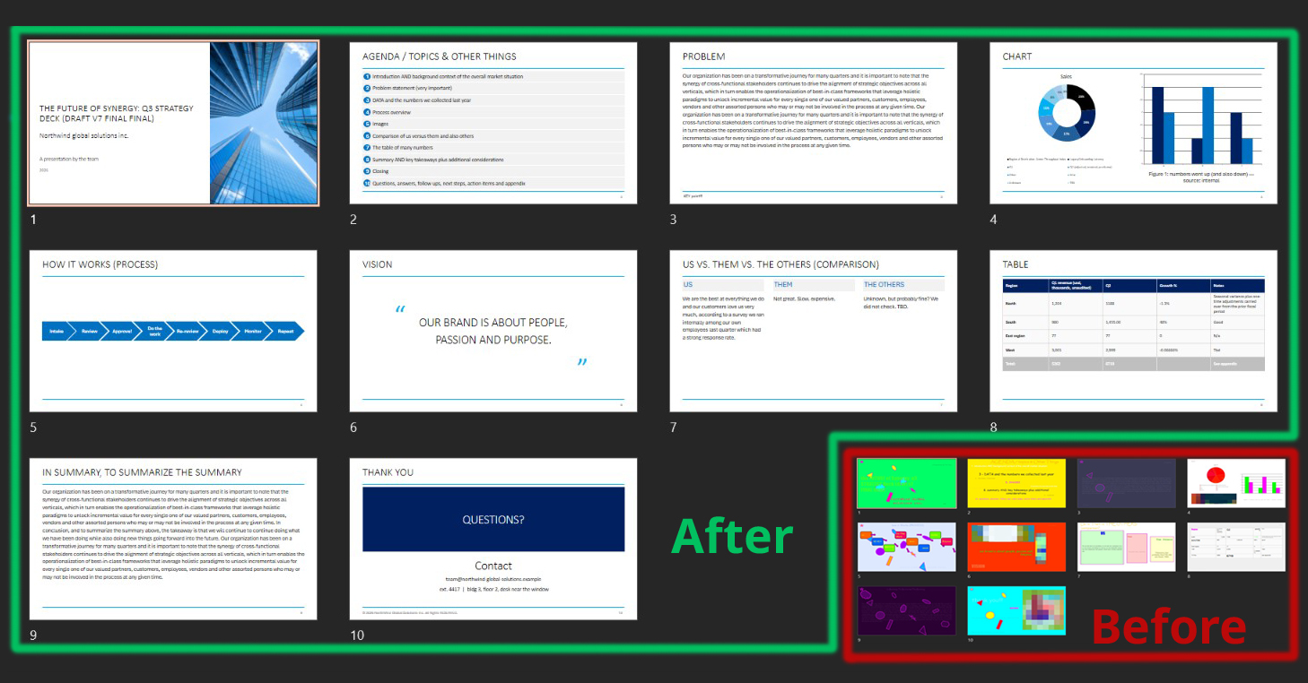 Before and after slide comparison showing fixing ugly AI slides in PowerPoint into clean corporate presentation design.